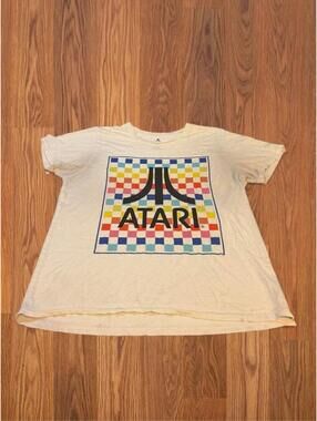 Vintage Atari Video Game T Shirt Checkered Logo Graphic Retro Gaming Cream
